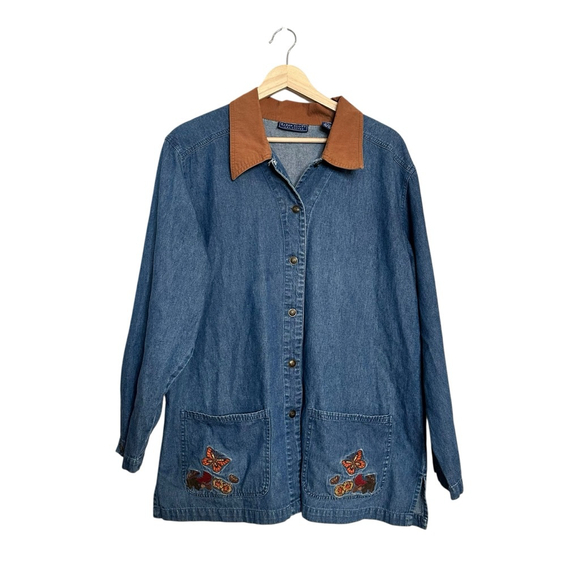 Karen Scott Jackets & Blazers - Denim chore jacket cottage butterfly embroidered